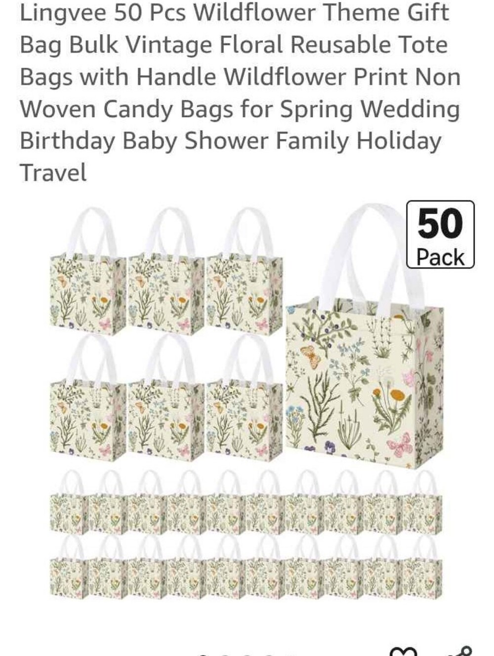 Wildflower Reusable Tote Gift Bags - 50 Pack, Cream Floral